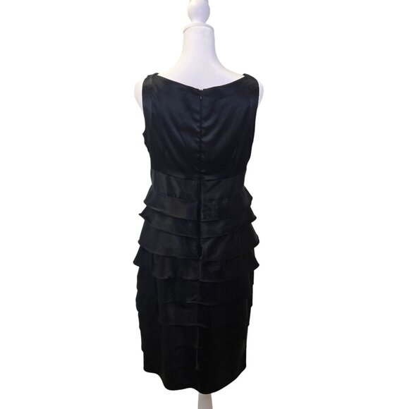 London Times Satin Layered Little Black Bodycon Dress Size 10 Petite - Picture 2 of 7